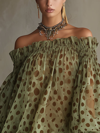 Zephyrelle - Vestido mini de hombros descubiertos con lunares y encaje