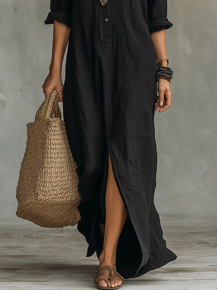 Solène - Vestido maxi negro fluido con botones