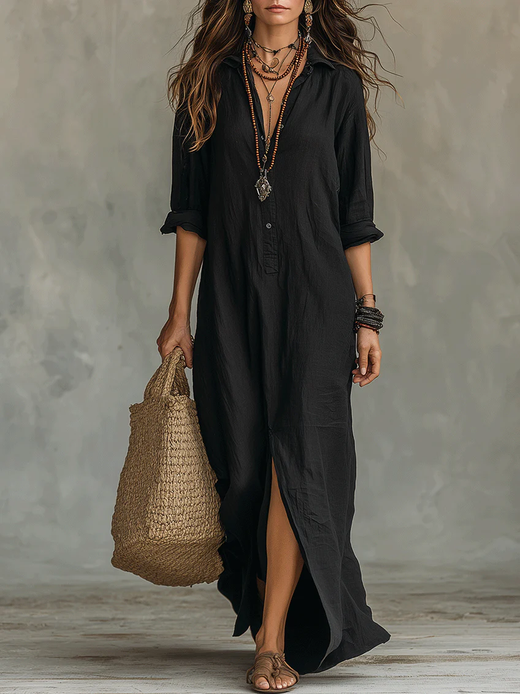 Solène - Vestido maxi negro fluido con botones