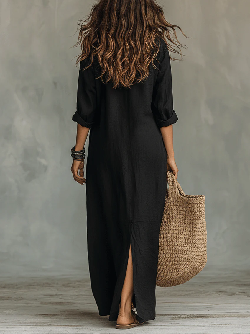 Solène - Vestido maxi negro fluido con botones