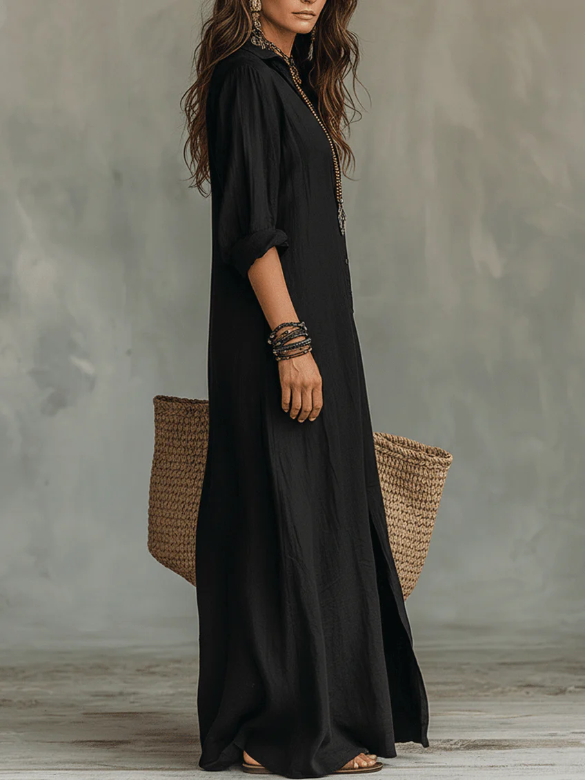 Solène - Vestido maxi negro fluido con botones