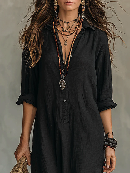 Solène - Vestido maxi negro fluido con botones