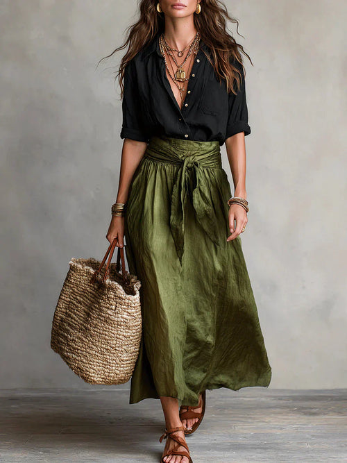 Elarisse - Conjunto de dos piezas con camisa negra y falda midi verde oliva