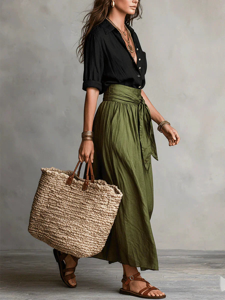 Elarisse - Conjunto de dos piezas con camisa negra y falda midi verde oliva