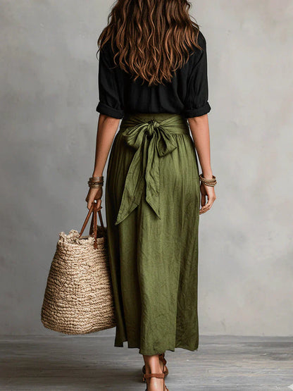 Elarisse - Conjunto de dos piezas con camisa negra y falda midi verde oliva