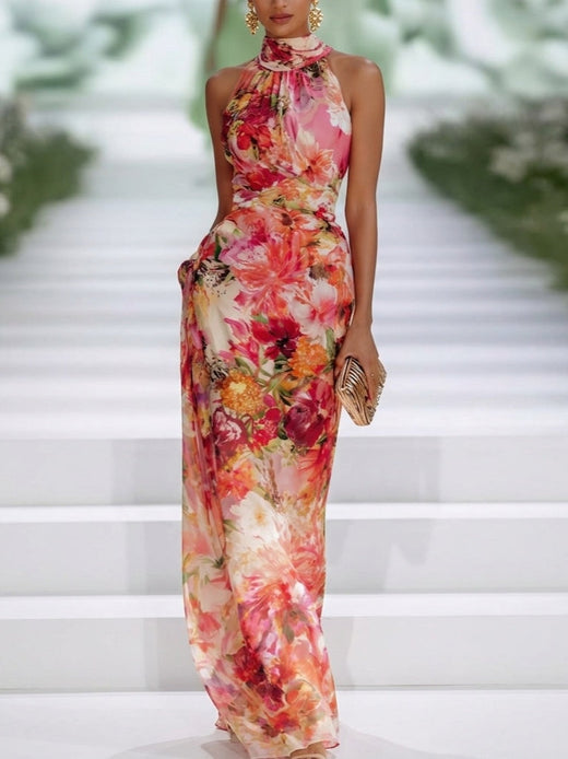 Fiorella - Vestido maxi floral de gasa con cuello halter