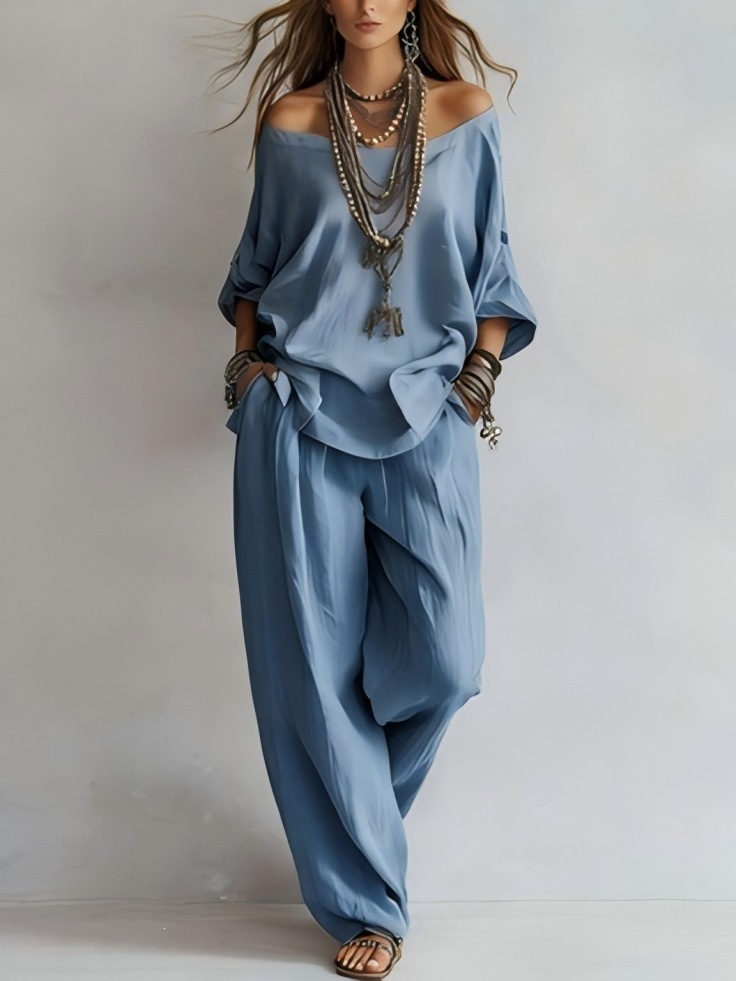 Gabriella - Conjunto de Hombros Descubiertos y Pantalón Palazzo