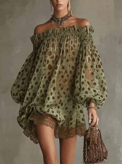 Zephyrelle - Vestido mini de hombros descubiertos con lunares y encaje